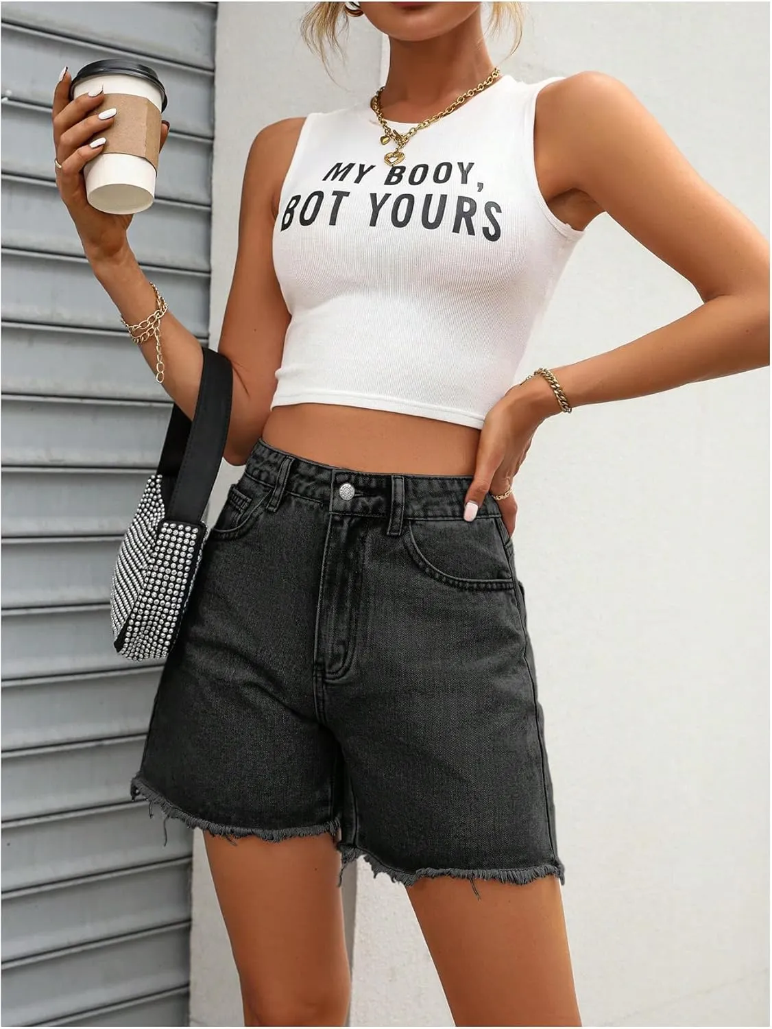MakeMeChic Women's High Waist Jean Shorts Casual Raw Hem Straight Leg Summer Denim Shorts