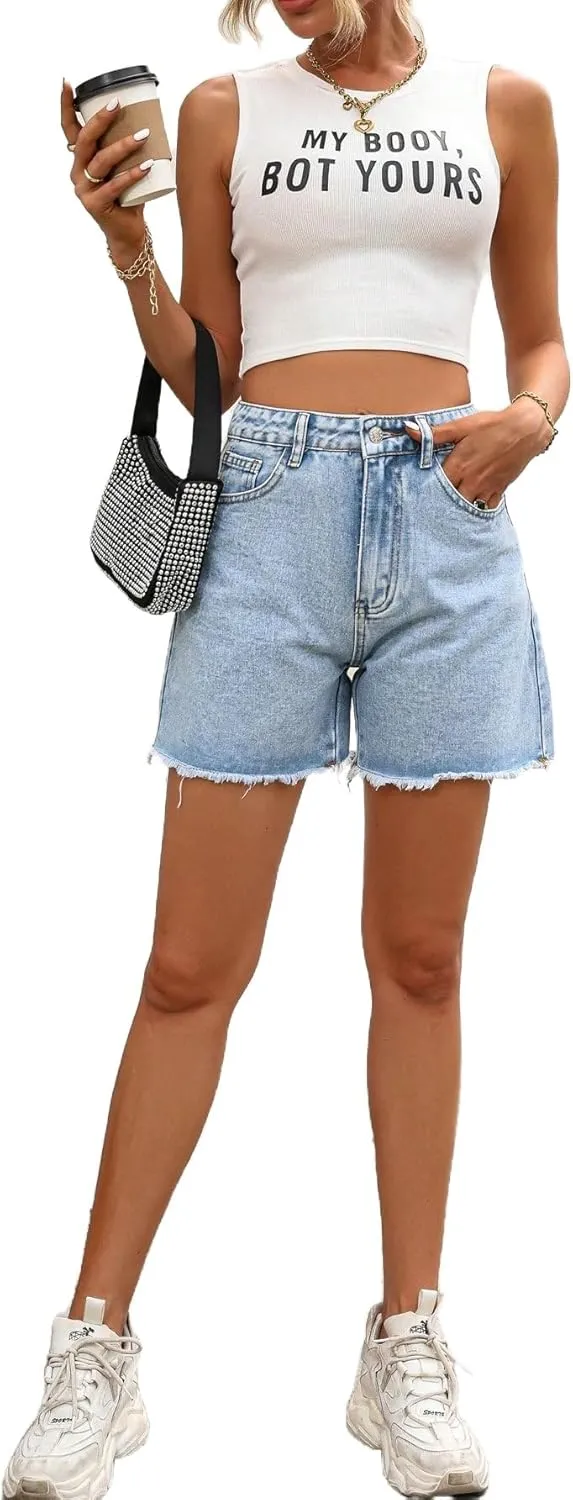 MakeMeChic Women's High Waist Jean Shorts Casual Raw Hem Straight Leg Summer Denim Shorts