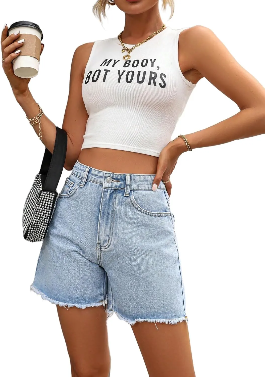 MakeMeChic Women's High Waist Jean Shorts Casual Raw Hem Straight Leg Summer Denim Shorts