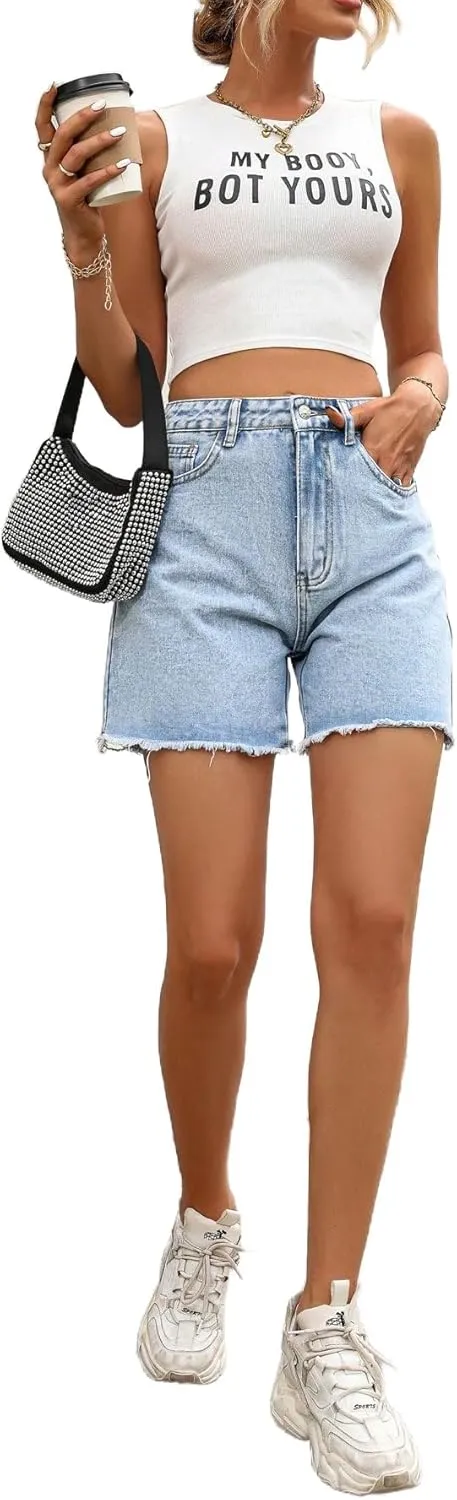 MakeMeChic Women's High Waist Jean Shorts Casual Raw Hem Straight Leg Summer Denim Shorts