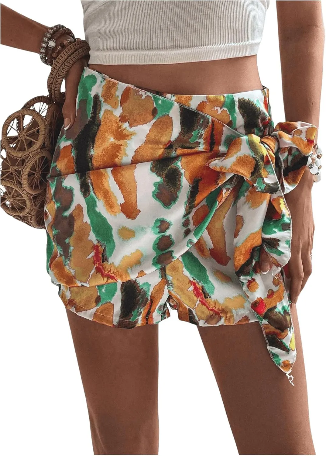 MakeMeChic Women's Knot Side Wrap Shorts Tie Dye Zip Back Skort Casual Summer Shorts