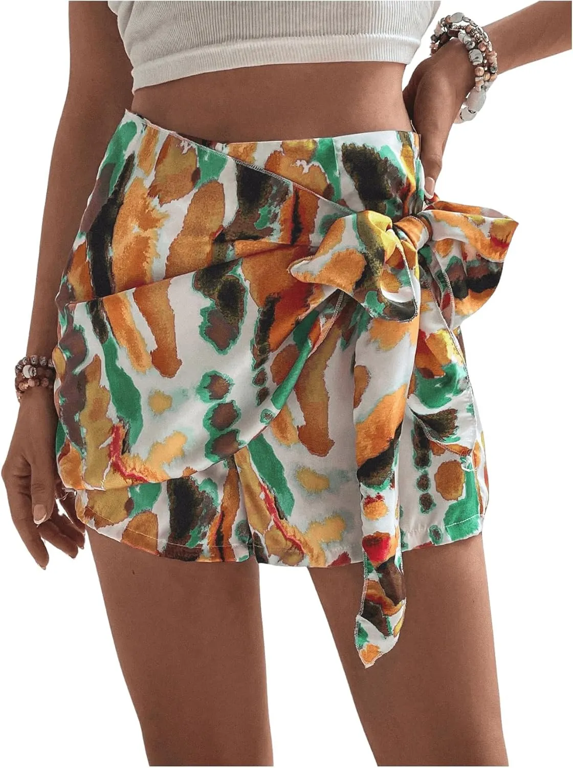 MakeMeChic Women's Knot Side Wrap Shorts Tie Dye Zip Back Skort Casual Summer Shorts