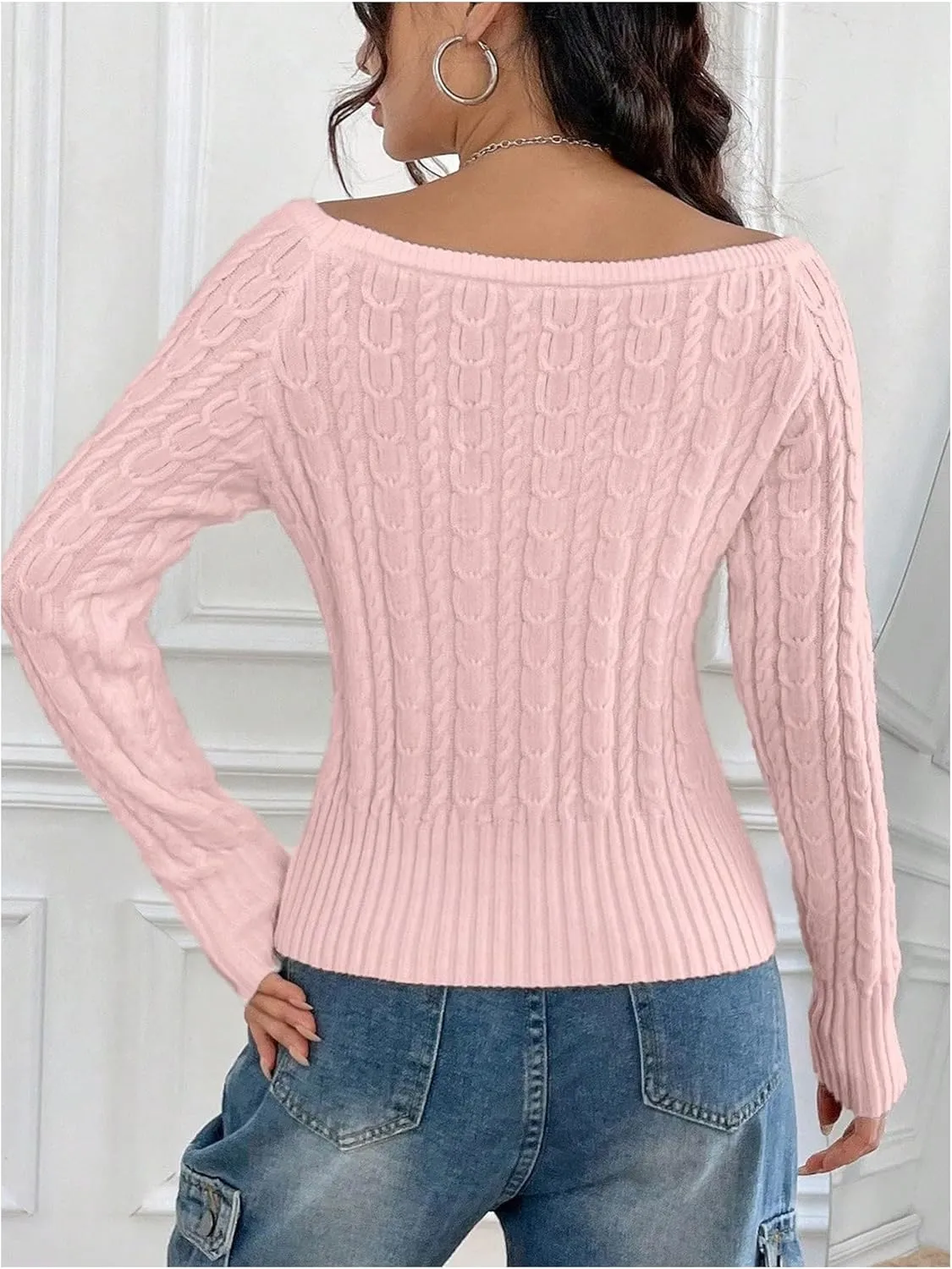 MakeMeChic Women's Off The Shoulder Sweater Cable Knit Long Sleeve Ribbed Fall Going Out Tops Sweater Pullover