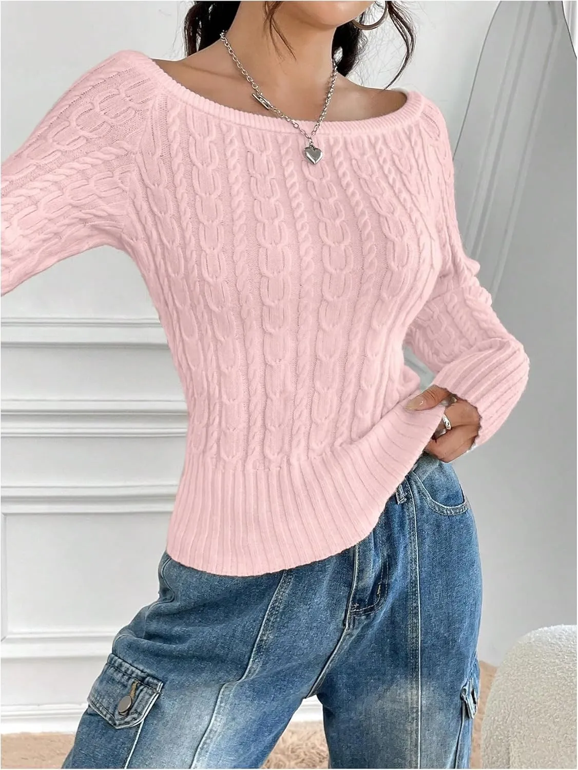MakeMeChic Women's Off The Shoulder Sweater Cable Knit Long Sleeve Ribbed Fall Going Out Tops Sweater Pullover