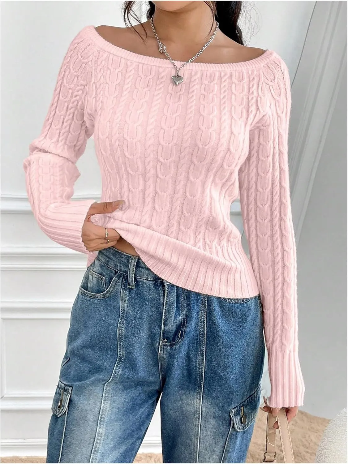 MakeMeChic Women's Off The Shoulder Sweater Cable Knit Long Sleeve Ribbed Fall Going Out Tops Sweater Pullover