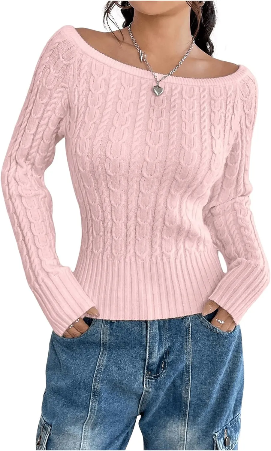 MakeMeChic Women's Off The Shoulder Sweater Cable Knit Long Sleeve Ribbed Fall Going Out Tops Sweater Pullover