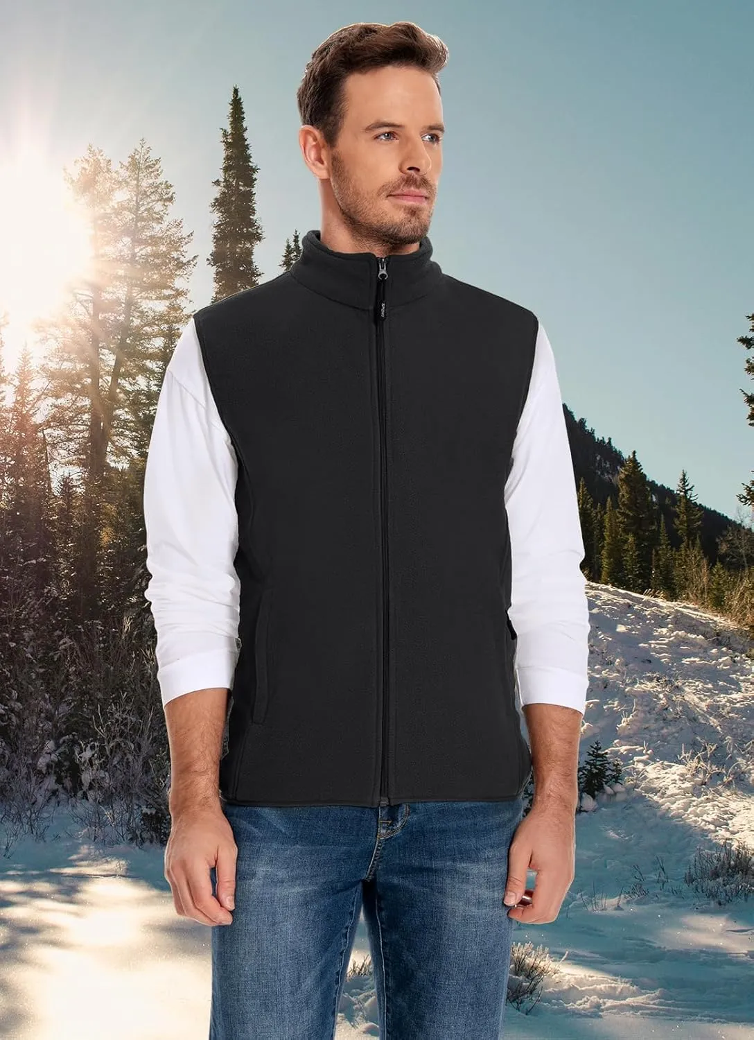 Mans Fleece Vest Full-Zip Outerwear Lightweight Sleeveless Jacket With Zipper Pockets