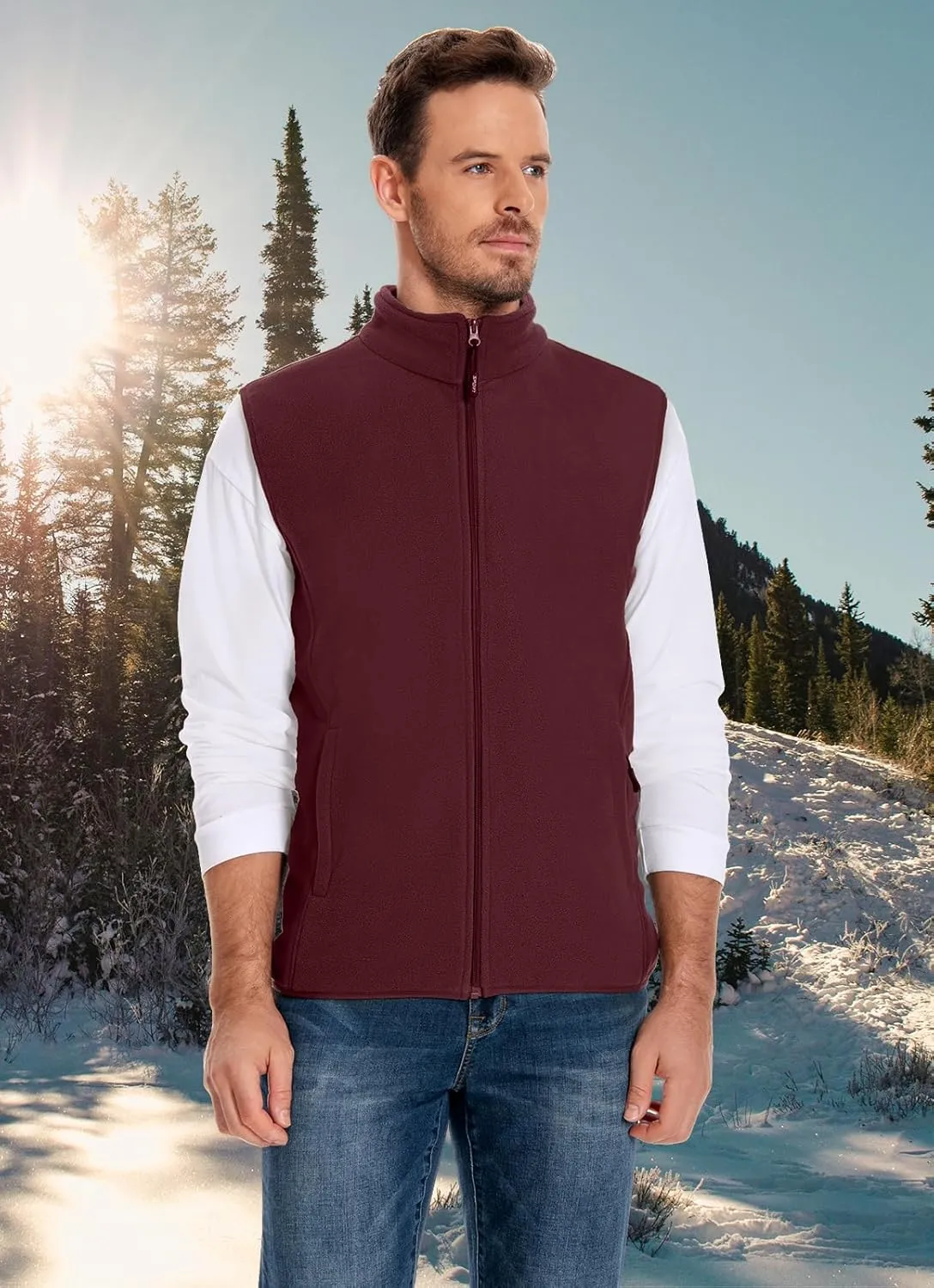 Mans Fleece Vest Full-Zip Outerwear Lightweight Sleeveless Jacket With Zipper Pockets