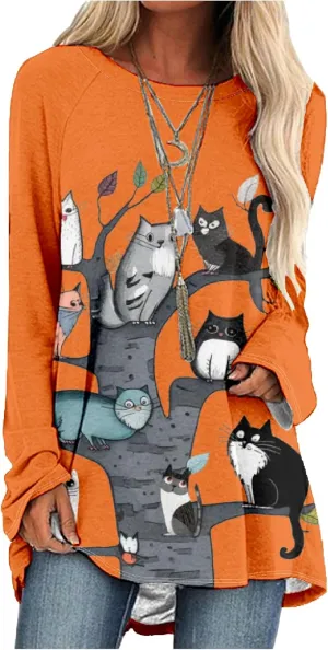 MARSVOVO Women's Long Sleeve Cat Sweatshirt Pullover Cute Cats Lover 3D Graphic Sweatshirts Crewneck Casual Loose Shirts