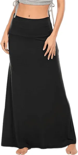 Maxi Solid Skirts for Women, Casual High Waist Solid Flare Long Skirt, Ruched Stretchy High Waist A-Line Skirt
