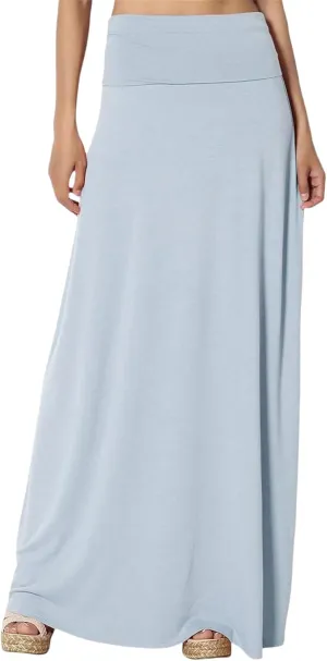 Maxi Solid Skirts for Women, Casual High Waist Solid Flare Long Skirt, Ruched Stretchy High Waist A-Line Skirt