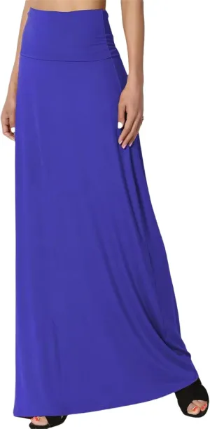 Maxi Solid Skirts for Women, Casual High Waist Solid Flare Long Skirt, Ruched Stretchy High Waist A-Line Skirt