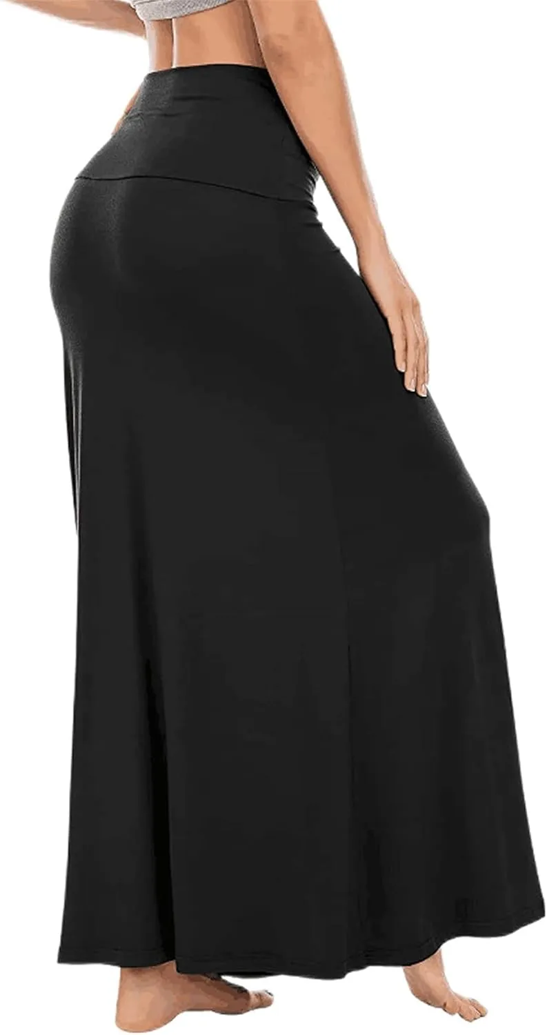 Maxi Solid Skirts for Women, Casual High Waist Solid Flare Long Skirt, Ruched Stretchy High Waist A-Line Skirt