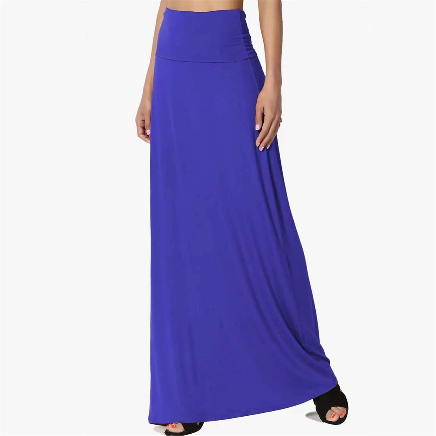 Maxi Solid Skirts for Women, Casual High Waist Solid Flare Long Skirt, Ruched Stretchy High Waist A-Line Skirt