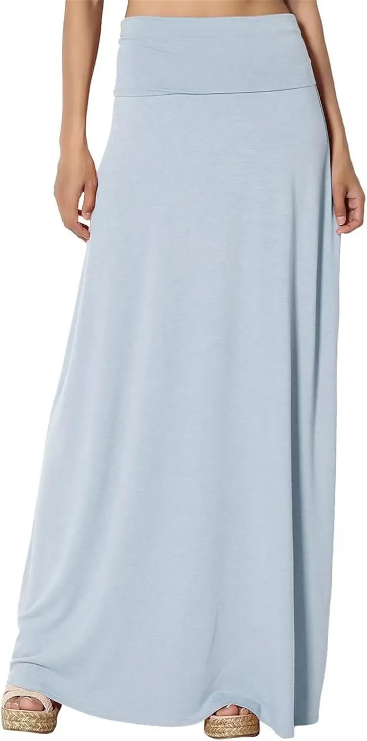 Maxi Solid Skirts for Women, Casual High Waist Solid Flare Long Skirt, Ruched Stretchy High Waist A-Line Skirt
