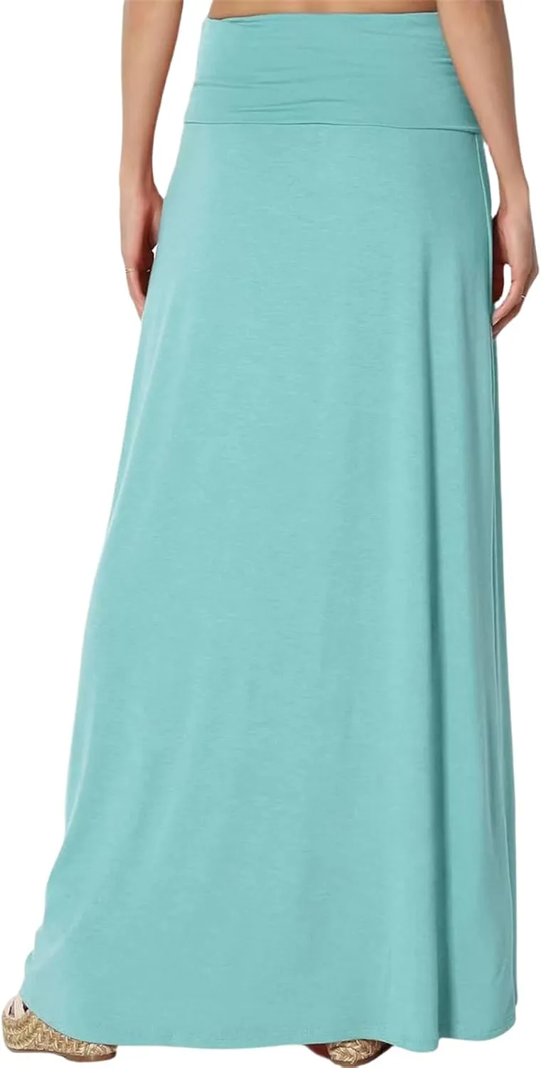 Maxi Solid Skirts for Women, Casual High Waist Solid Flare Long Skirt, Ruched Stretchy High Waist A-Line Skirt