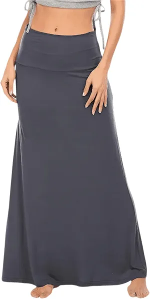 Maxi Solid Skirts for Women, Casual High Waist Solid Flare Long Skirt, Ruched Stretchy High Waist A-Line Skirt