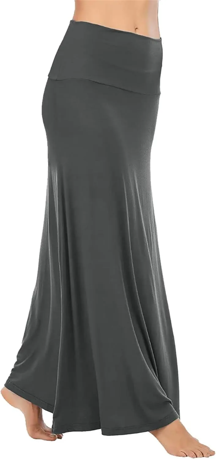 Maxi Solid Skirts for Women, Casual High Waist Solid Flare Long Skirt, Ruched Stretchy High Waist A-Line Skirt