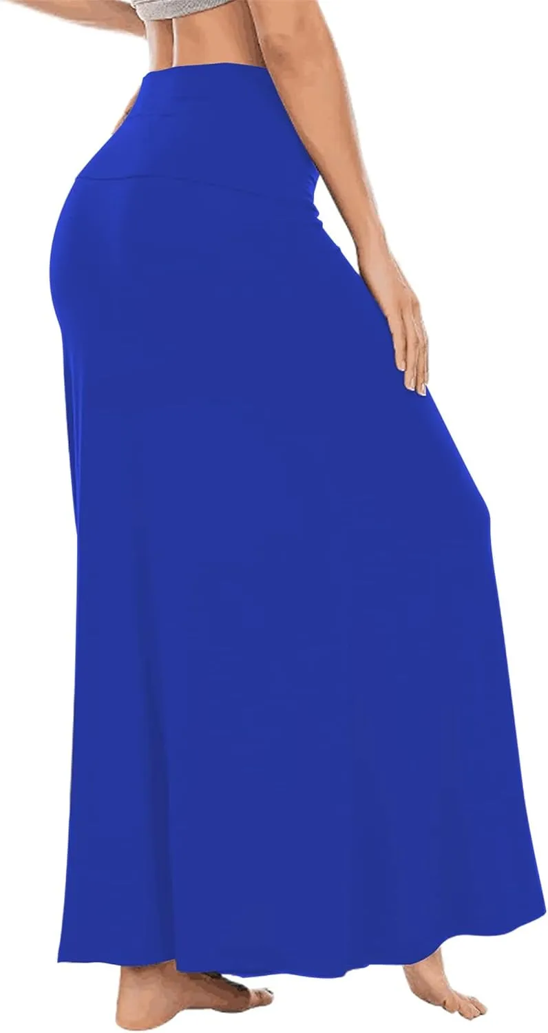 Maxi Solid Skirts for Women, Casual High Waist Solid Flare Long Skirt, Ruched Stretchy High Waist A-Line Skirt