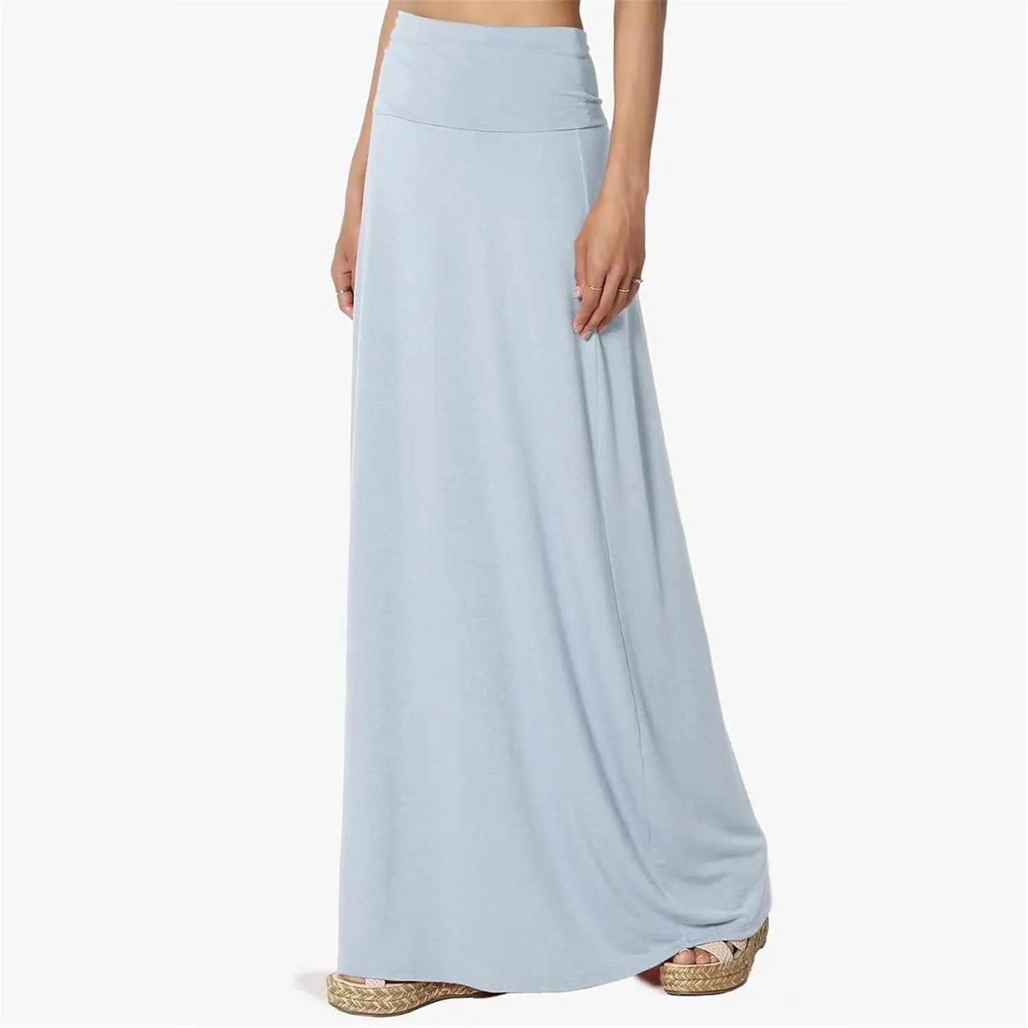 Maxi Solid Skirts for Women, Casual High Waist Solid Flare Long Skirt, Ruched Stretchy High Waist A-Line Skirt