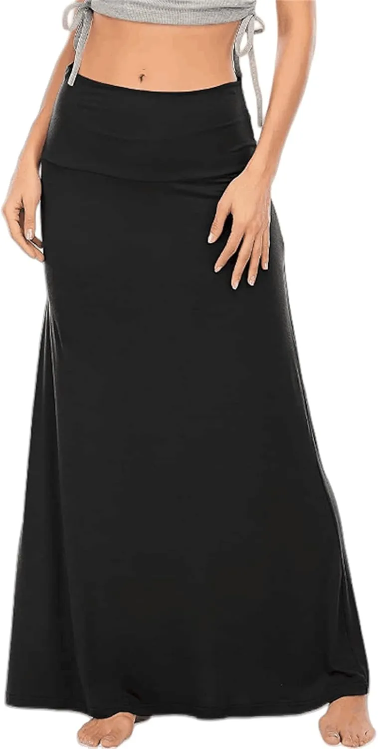 Maxi Solid Skirts for Women, Casual High Waist Solid Flare Long Skirt, Ruched Stretchy High Waist A-Line Skirt