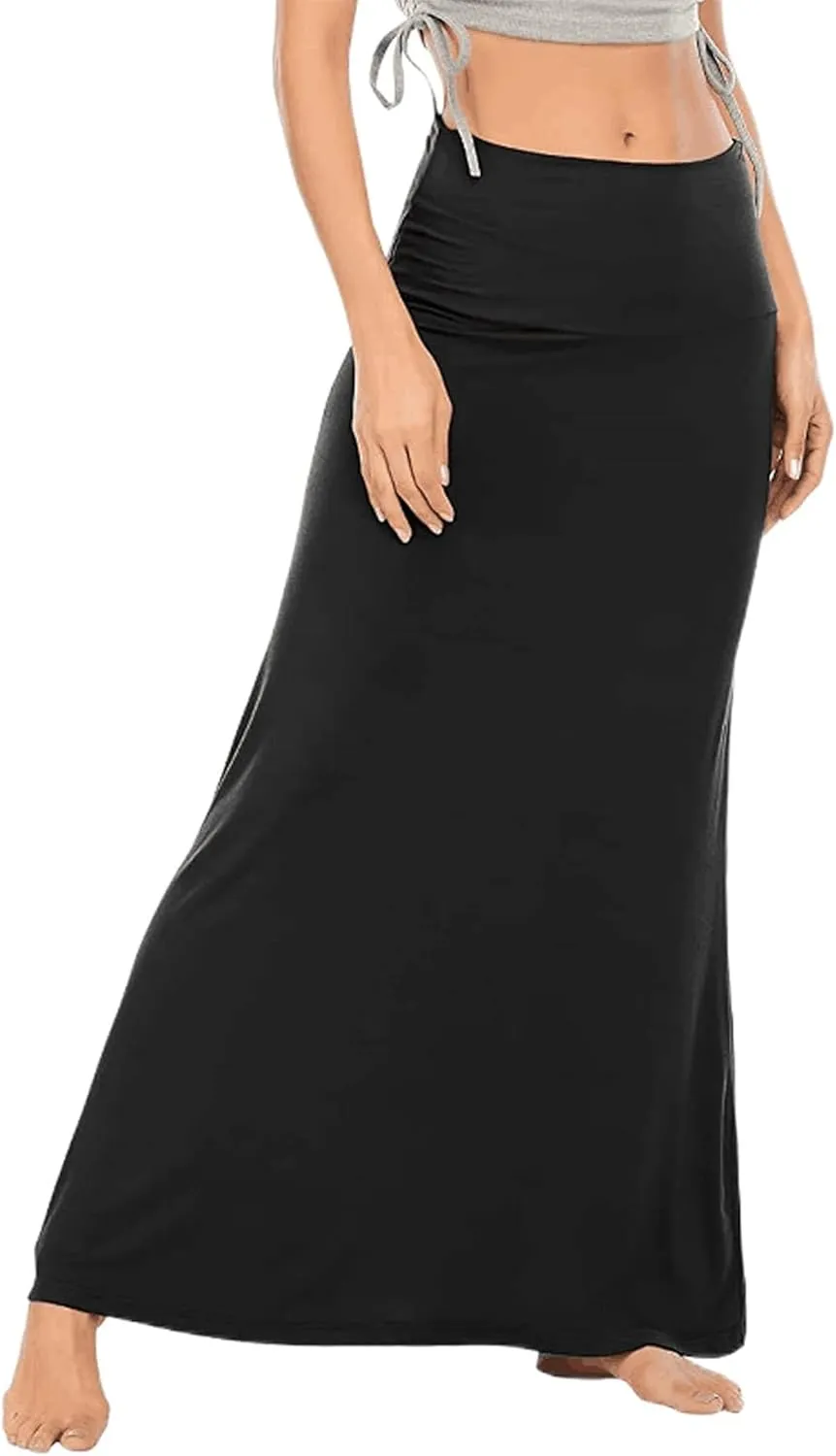 Maxi Solid Skirts for Women, Casual High Waist Solid Flare Long Skirt, Ruched Stretchy High Waist A-Line Skirt