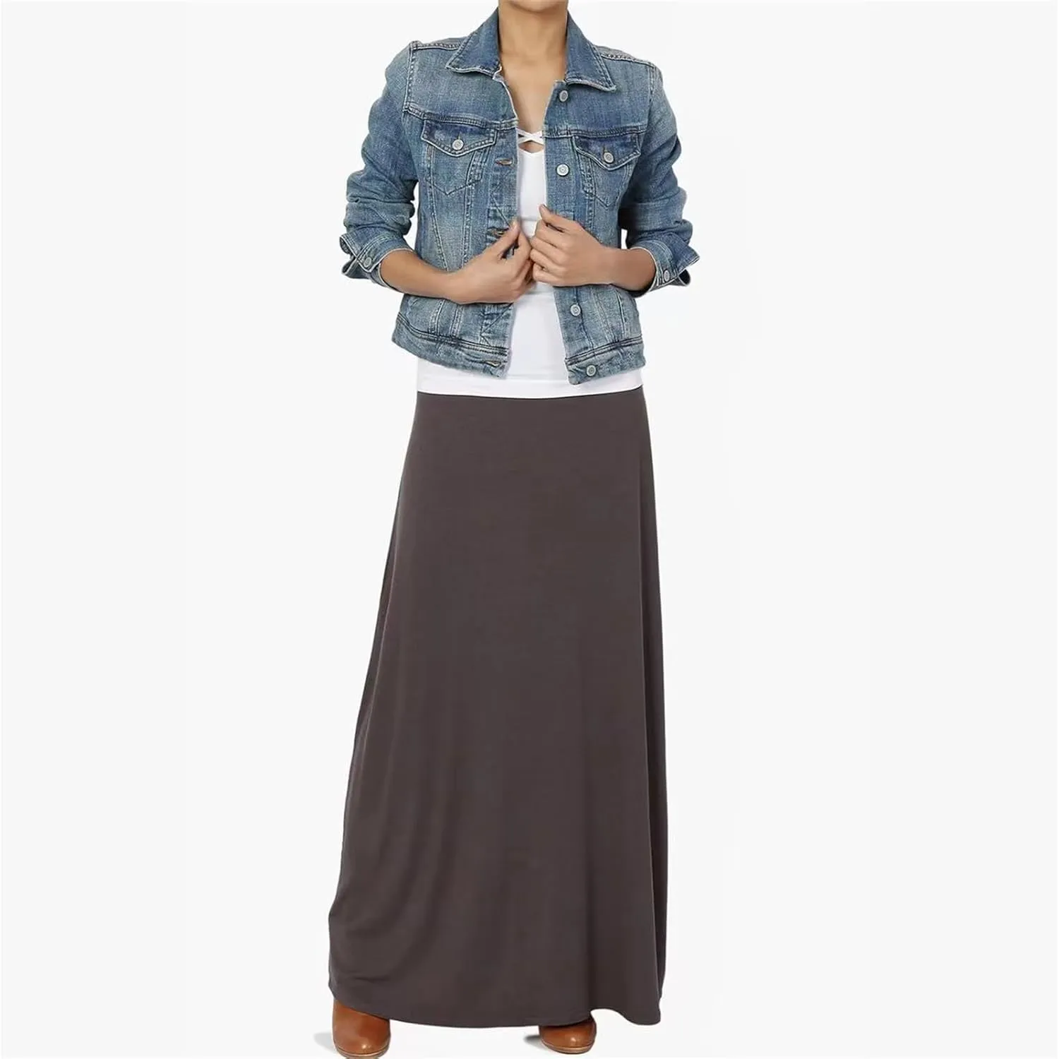 Maxi Solid Skirts for Women, Casual High Waist Solid Flare Long Skirt, Ruched Stretchy High Waist A-Line Skirt
