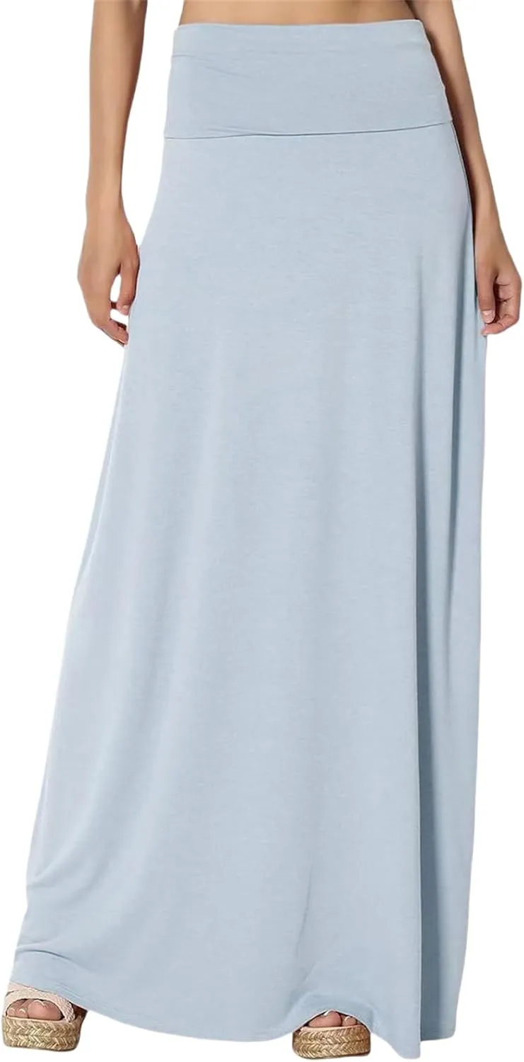 Maxi Solid Skirts for Women, Casual High Waist Solid Flare Long Skirt, Ruched Stretchy High Waist A-Line Skirt