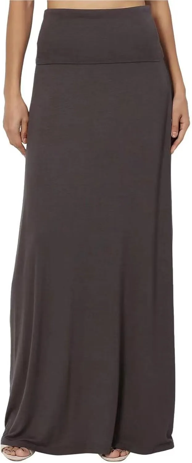 Maxi Solid Skirts for Women, Casual High Waist Solid Flare Long Skirt, Ruched Stretchy High Waist A-Line Skirt