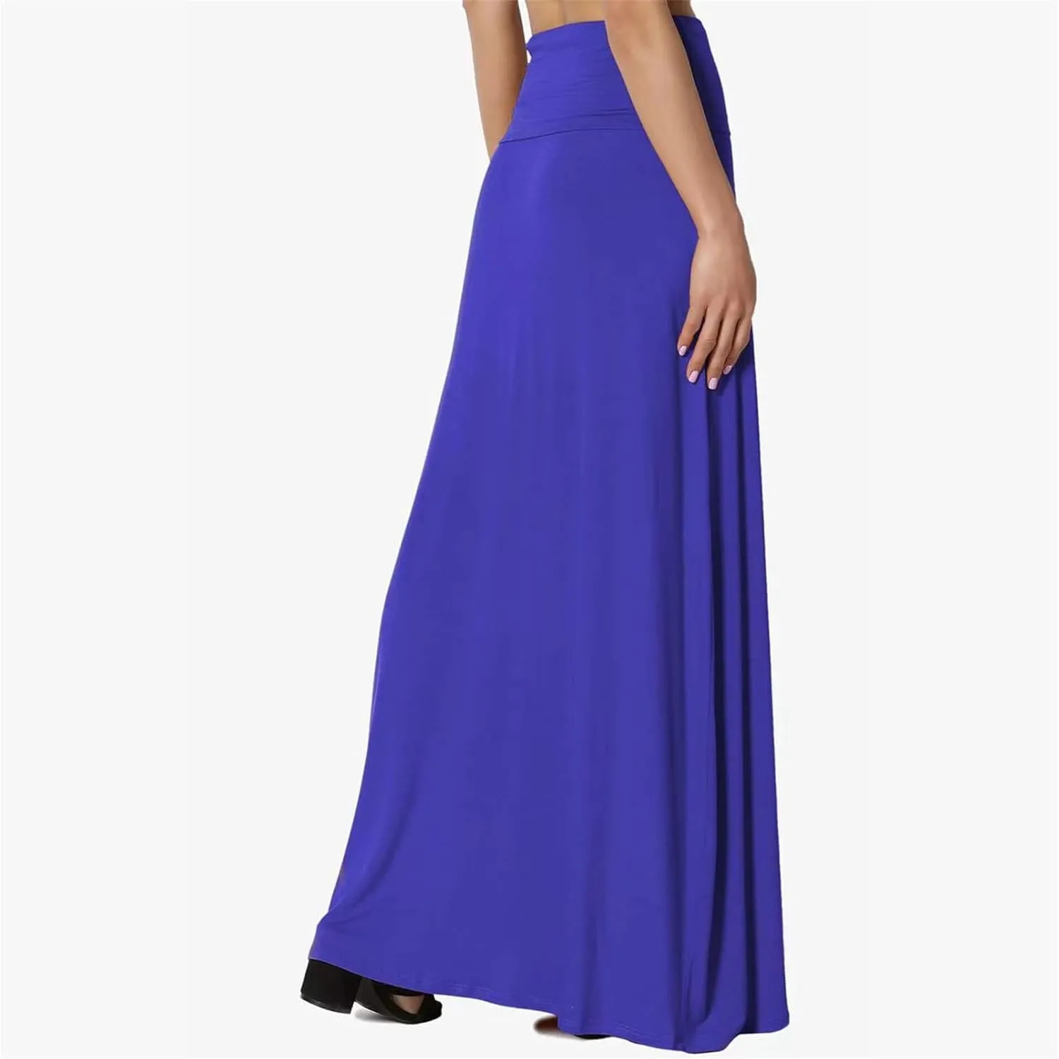 Maxi Solid Skirts for Women, Casual High Waist Solid Flare Long Skirt, Ruched Stretchy High Waist A-Line Skirt