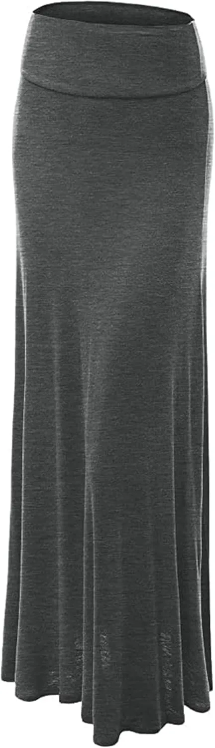 Maxi Solid Skirts for Women, Casual High Waist Solid Flare Long Skirt, Ruched Stretchy High Waist A-Line Skirt