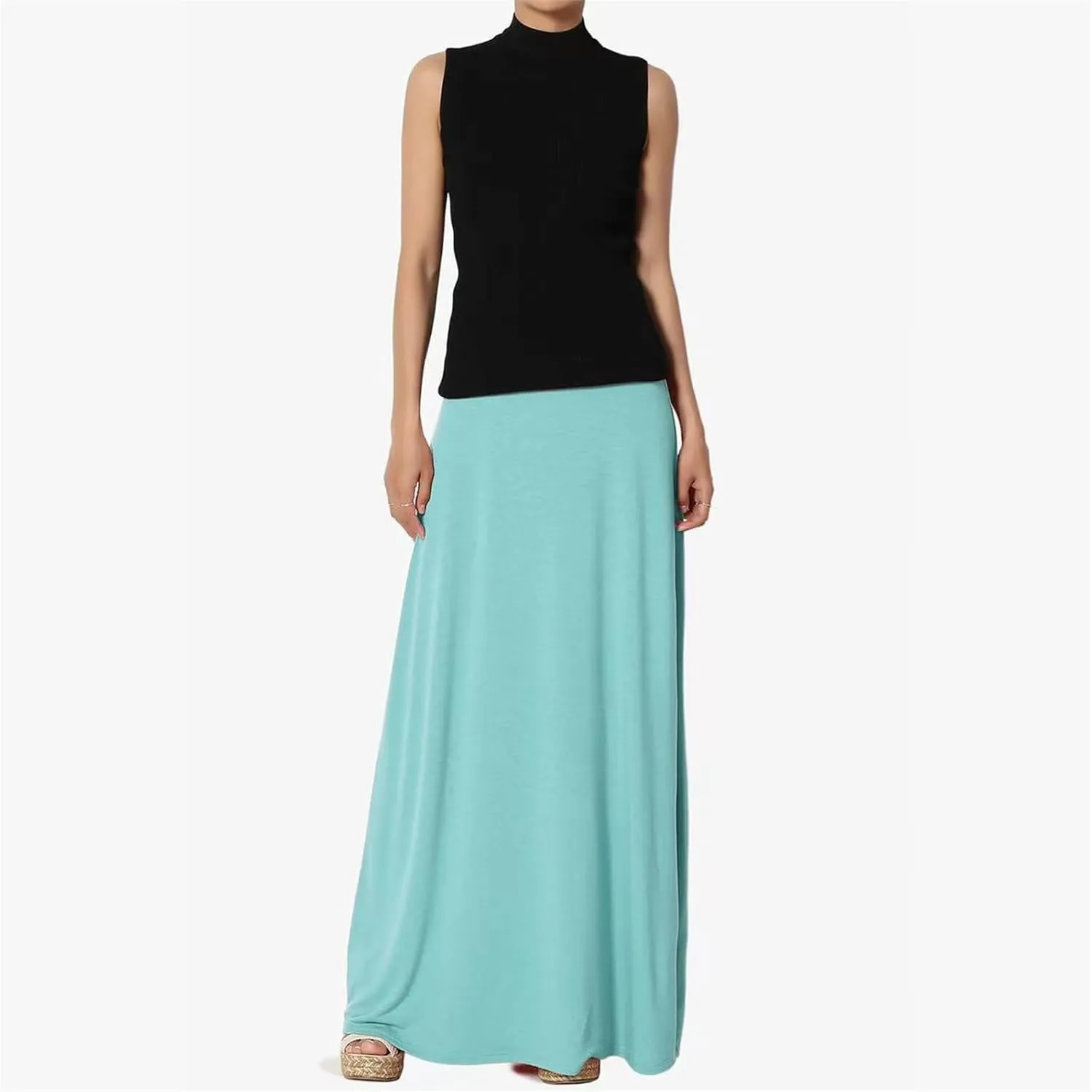 Maxi Solid Skirts for Women, Casual High Waist Solid Flare Long Skirt, Ruched Stretchy High Waist A-Line Skirt