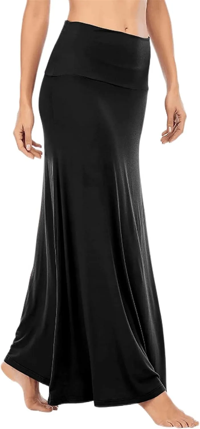 Maxi Solid Skirts for Women, Casual High Waist Solid Flare Long Skirt, Ruched Stretchy High Waist A-Line Skirt