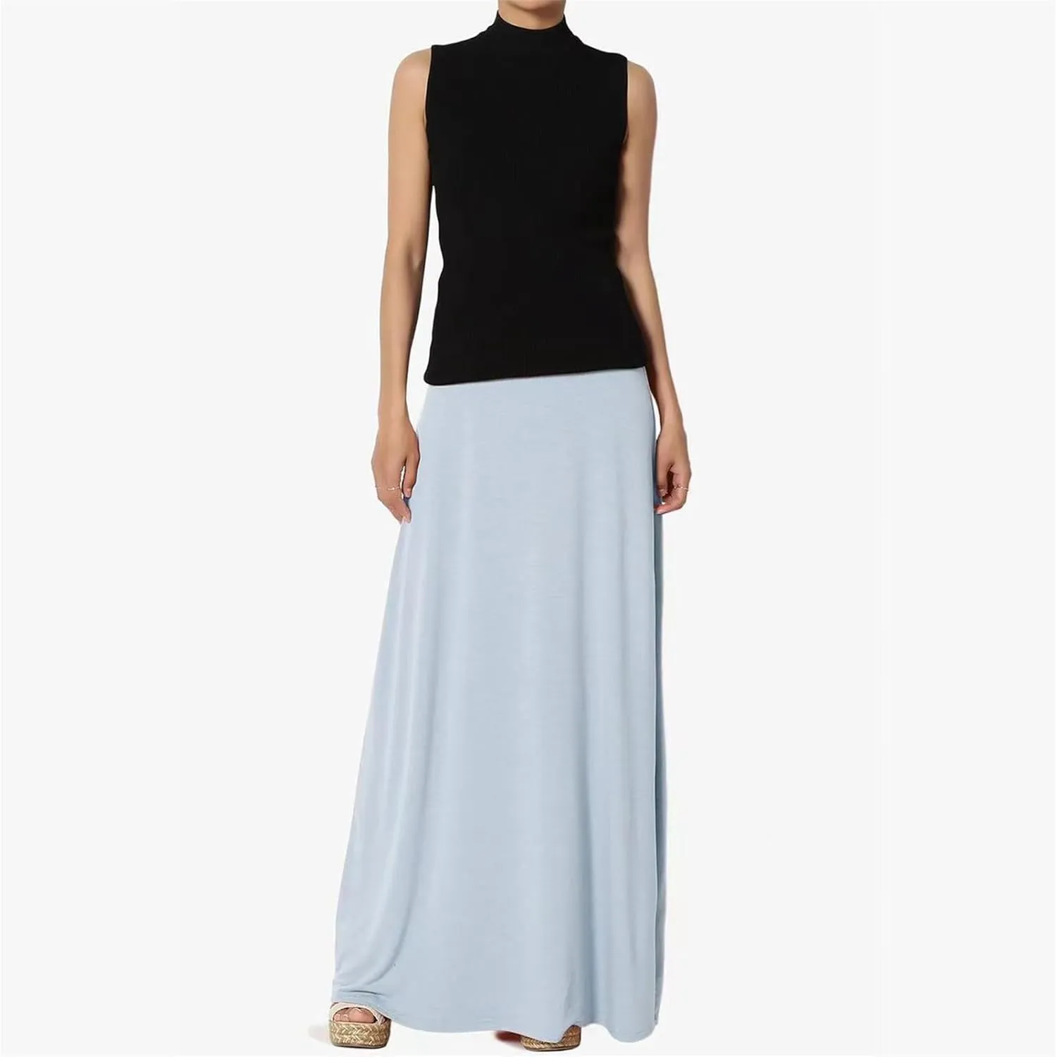 Maxi Solid Skirts for Women, Casual High Waist Solid Flare Long Skirt, Ruched Stretchy High Waist A-Line Skirt