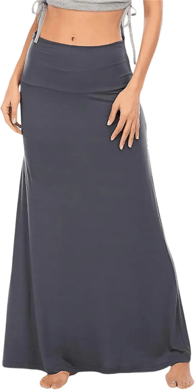 Maxi Solid Skirts for Women, Casual High Waist Solid Flare Long Skirt, Ruched Stretchy High Waist A-Line Skirt