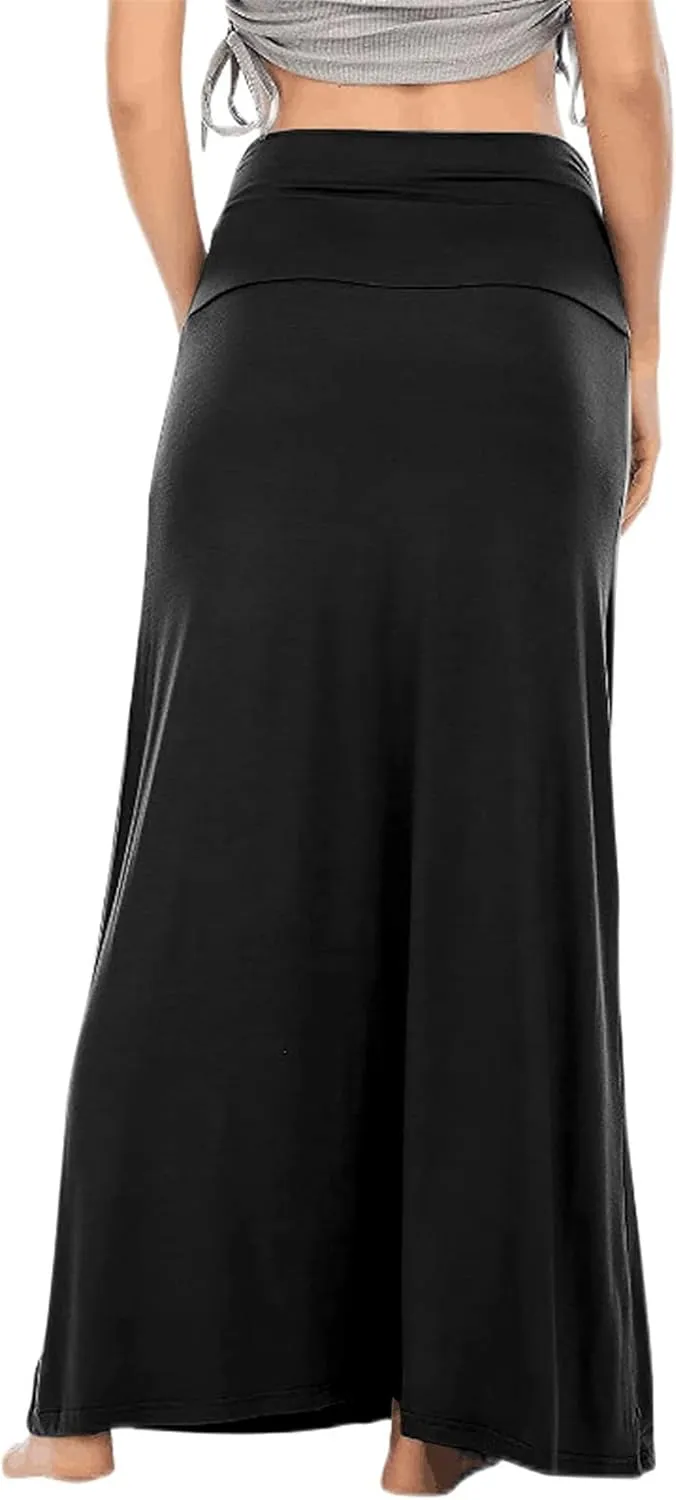 Maxi Solid Skirts for Women, Casual High Waist Solid Flare Long Skirt, Ruched Stretchy High Waist A-Line Skirt