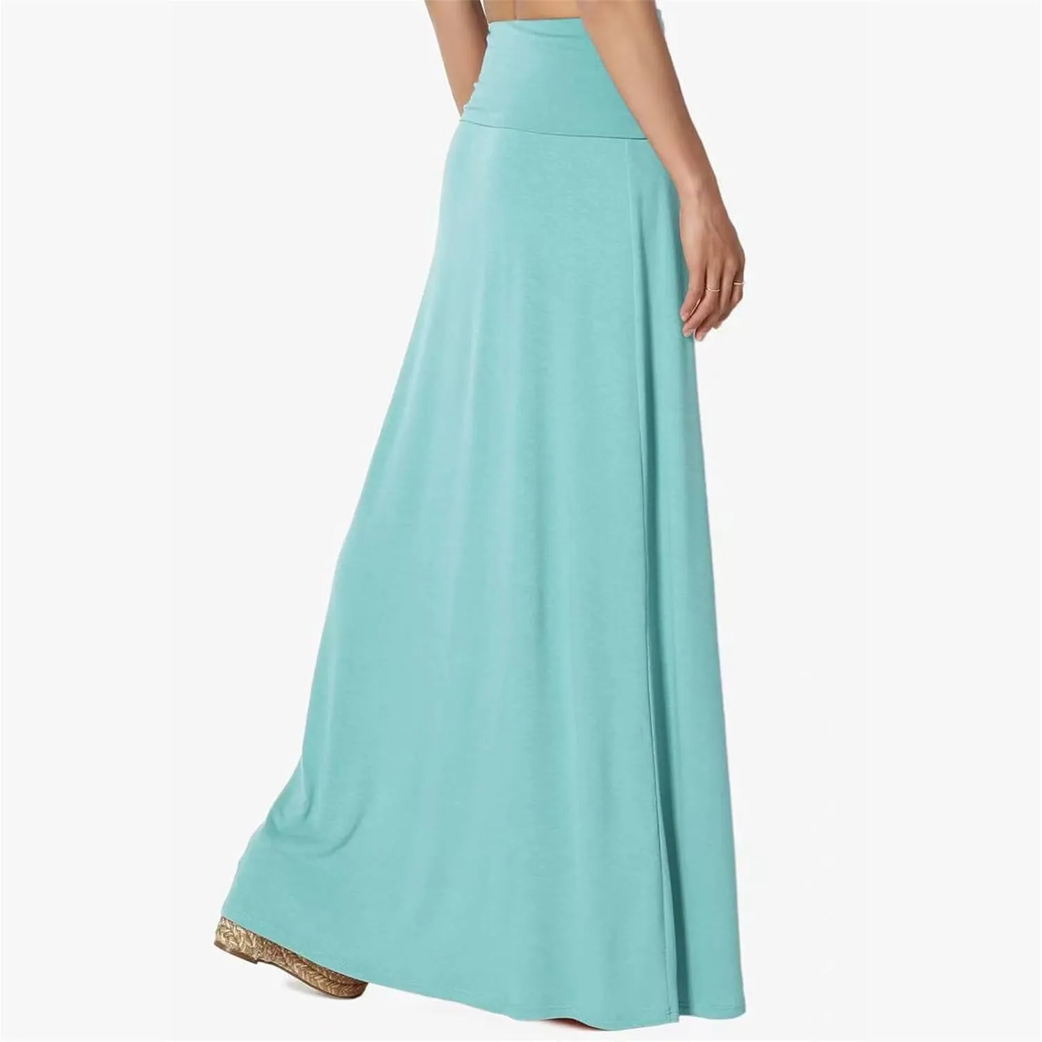 Maxi Solid Skirts for Women, Casual High Waist Solid Flare Long Skirt, Ruched Stretchy High Waist A-Line Skirt