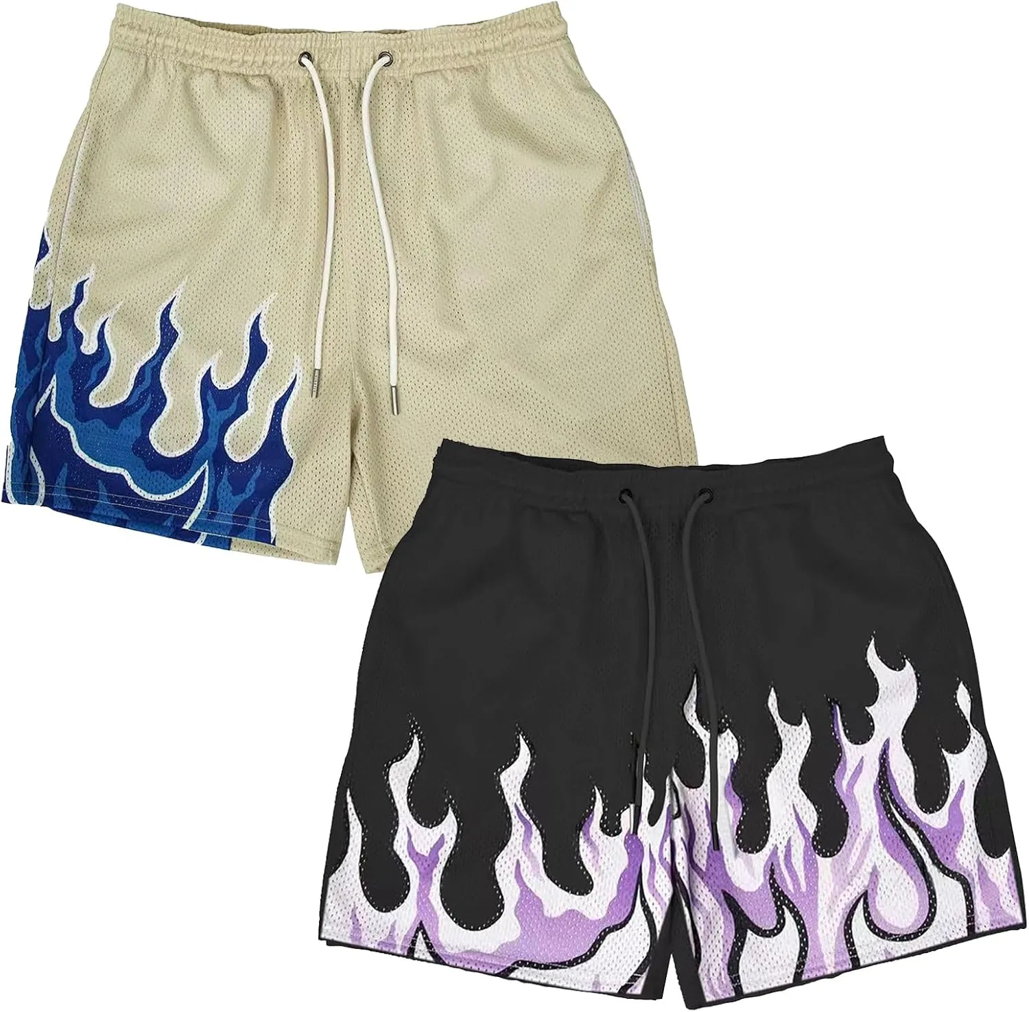 MECH-ENG Mens Graphic Shorts Flame Workout Running Drawstring Shorts Retro Mesh Boxing Basketball Shorts