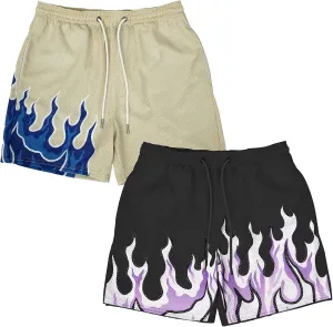 MECH-ENG Mens Graphic Shorts Flame Workout Running Drawstring Shorts Retro Mesh Boxing Basketball Shorts