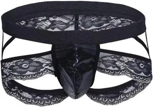 Men Sheer Lace Boxer Shorts Sissy Lace Trim Underpants Sexy Underwear Hollow Out Leather Bulge Pouch G-String Thongs Lingerie