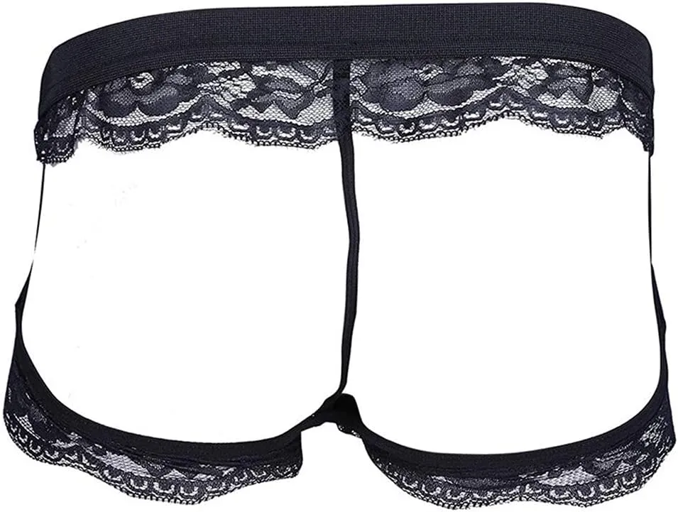 Men Sheer Lace Boxer Shorts Sissy Lace Trim Underpants Sexy Underwear Hollow Out Leather Bulge Pouch G-String Thongs Lingerie