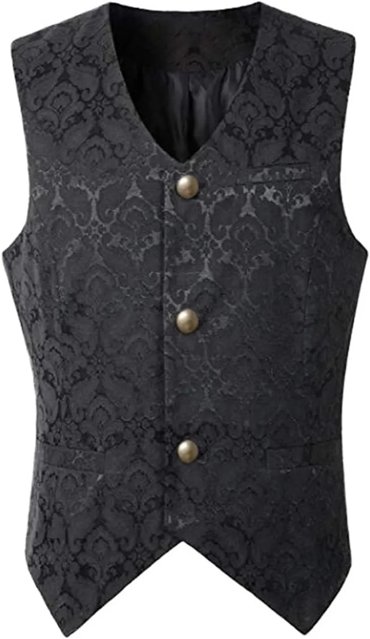 Men Victorian Sleeveless Slim Jacquard Paisley Vintage Gothic Steampunk Vest Medieval Waistcoat