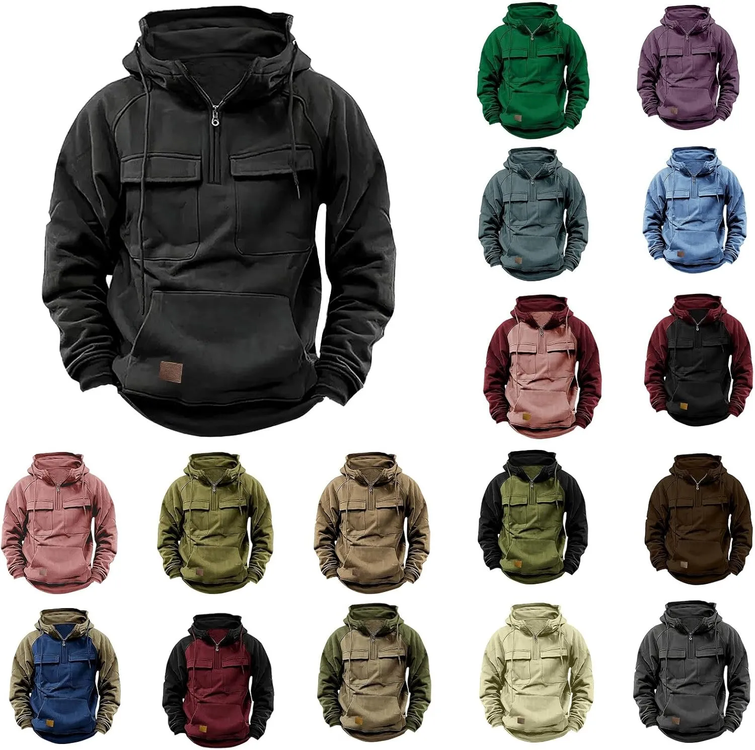 Men's Camo Hoodie Long Sleeve Quarter Zip Pullover Tactical Jacket Sweatshirt with Pocket