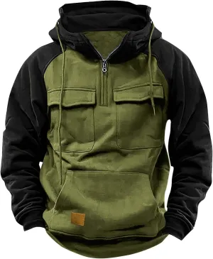 Men's Camo Hoodie Long Sleeve Quarter Zip Pullover Tactical Jacket Sweatshirt with Pocket