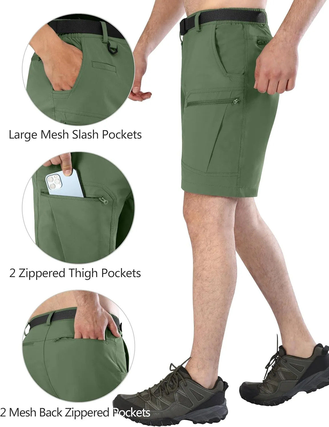 Mens Cargo Hiking Shorts Water Resistant Quick Dry Lightweight Breathable Tactical Shorts with Nylon Belt