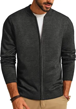 Men's Casual Full Zip Cardigan Sweater Slim Fit Stand Collar Sweater Jacket