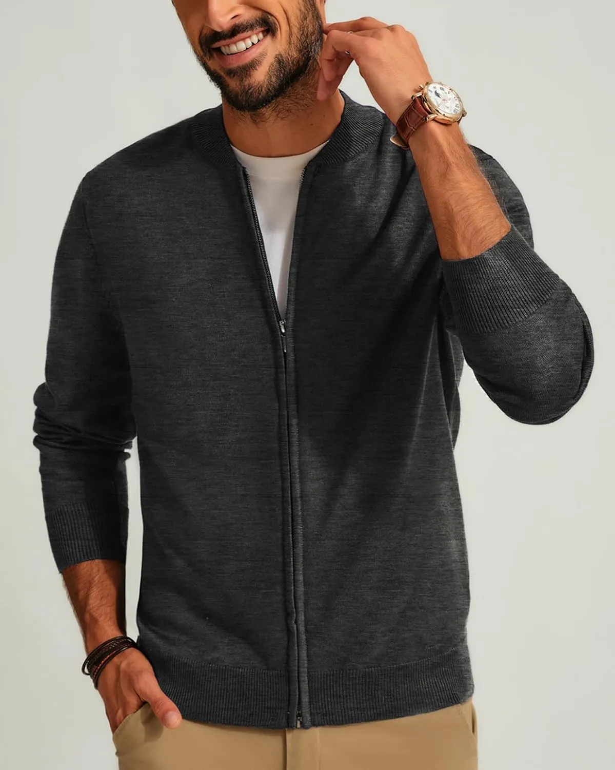 Men's Casual Full Zip Cardigan Sweater Slim Fit Stand Collar Sweater Jacket