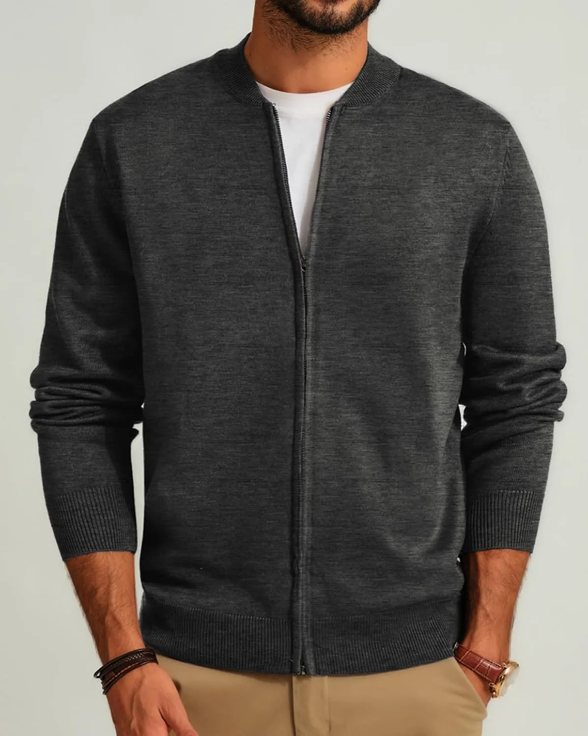 Men's Casual Full Zip Cardigan Sweater Slim Fit Stand Collar Sweater Jacket