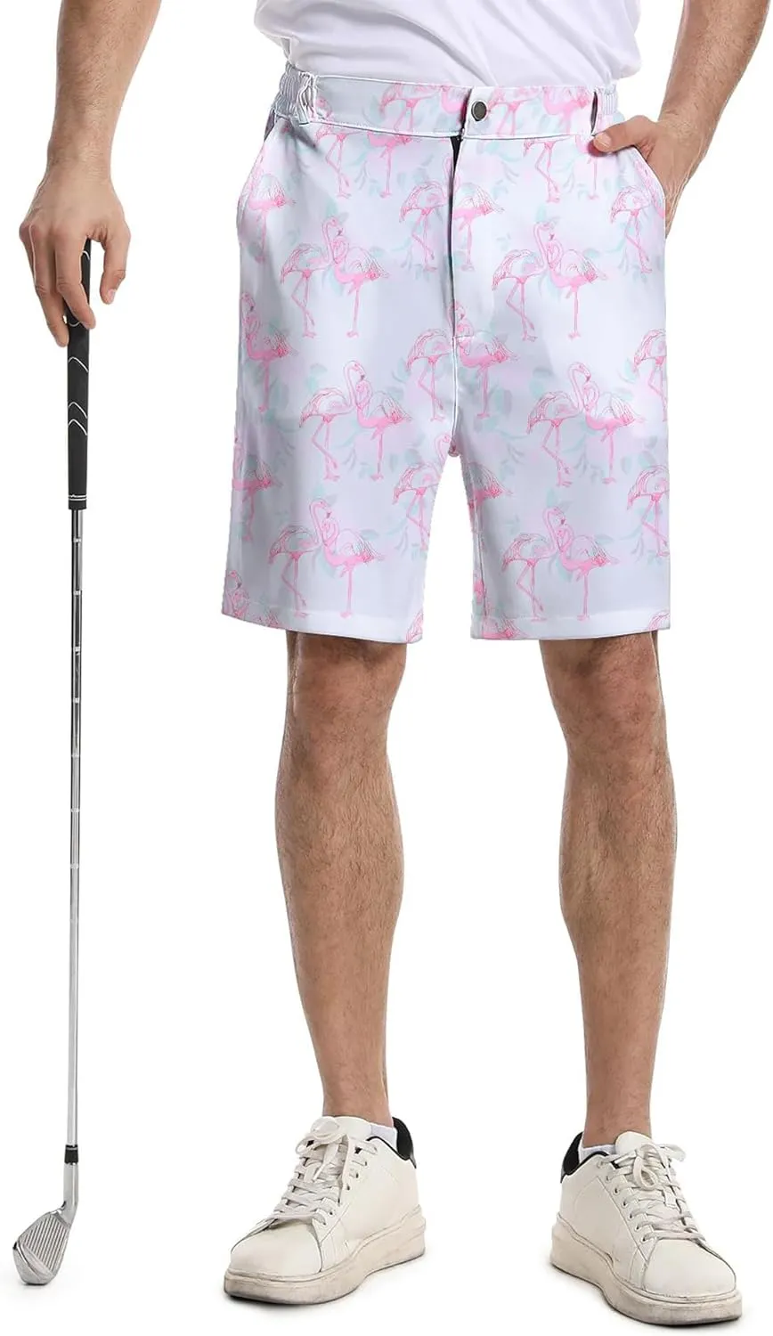 Mens Golf Shorts Print Casual Hiking Elastic Waist Dress Shorts with Zipper Pockets