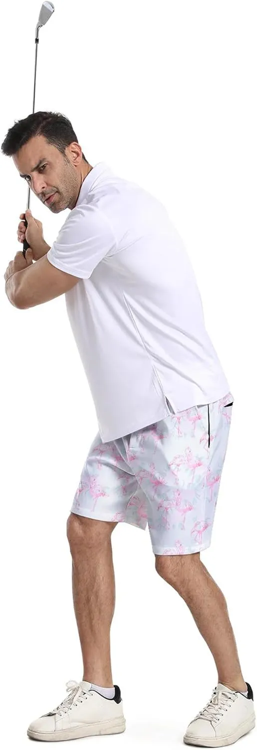 Mens Golf Shorts Print Casual Hiking Elastic Waist Dress Shorts with Zipper Pockets